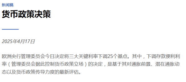 鼎信天下 欧洲央行降息25个基点